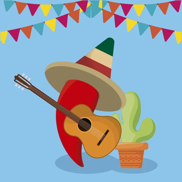 Святкування мексики з перцем чилі та гітарою — стоковий вектор