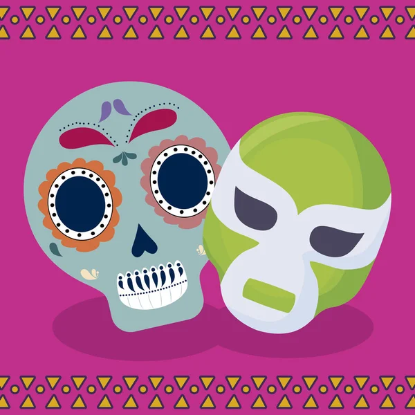 Viva celebración mexicana con luchador de cráneo y máscara — Vector de stock