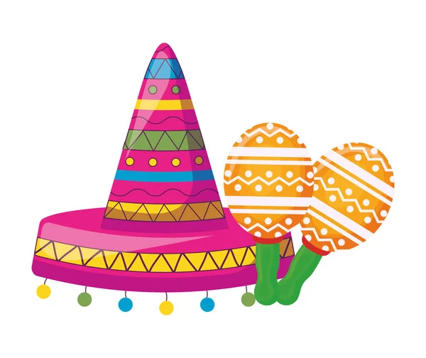 Sombrero mexicano con maracas icono aislado — Vector de stock