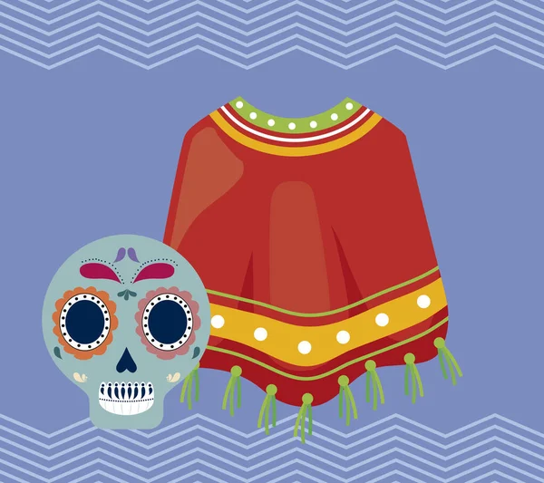 Viva celebración mexicana con poncho tradicional y calavera — Vector de stock