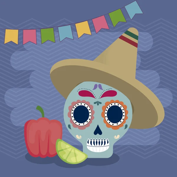 Viva célébration mexicaine avec mort du crâne et chapeau — Image vectorielle