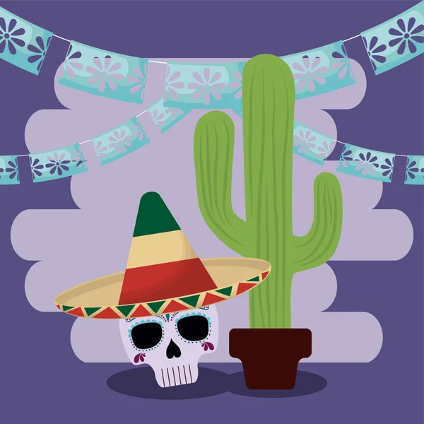 Viva mexico célébration avec cactus et décoration — Image vectorielle