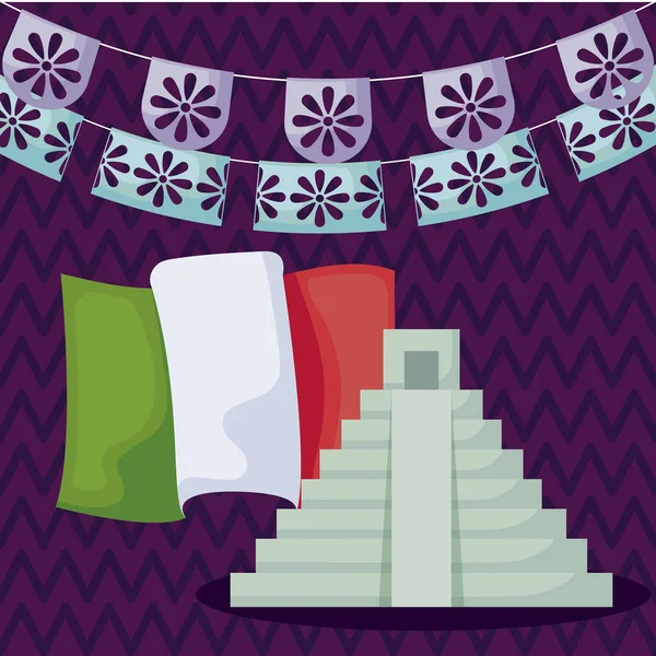 Viva Mexico Feier mit Pyramide und Ikonen — Stockvektor