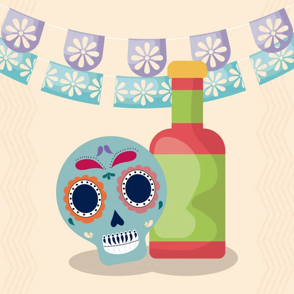 Viva celebración mexicana con muerte craneal y salsa de botella — Vector de stock