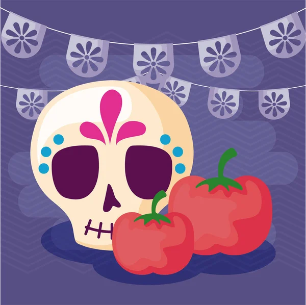 Viva célébration mexicaine avec crâne et tomates — Image vectorielle