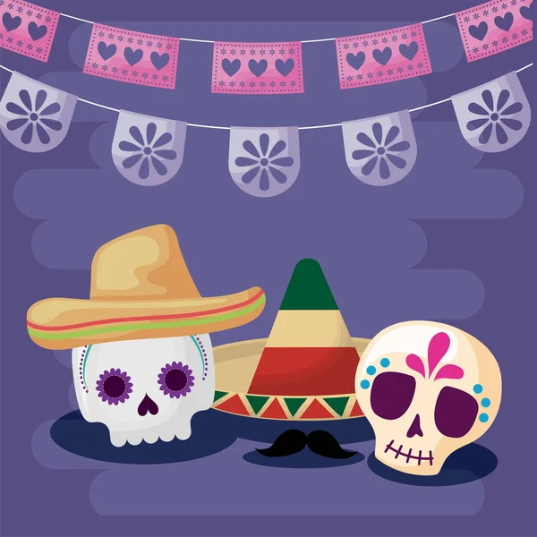 Viva mexico celebration with skulls and hat traditional — Stock Vector