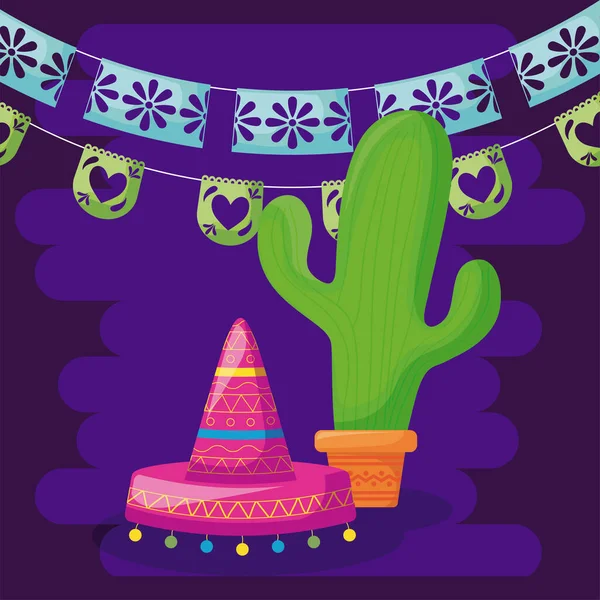 Viva celebración mexicana con sombrero tradicional y cactus — Archivo Imágenes Vectoriales