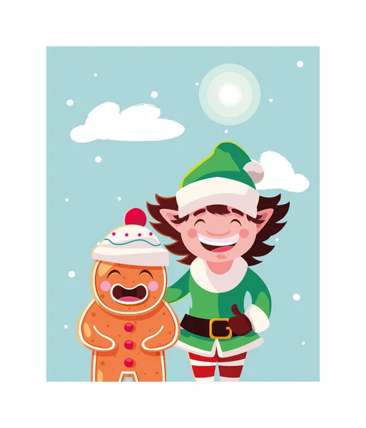 Pain d'épice homme et elfe avec chapeau dans le paysage hivernal — Image vectorielle