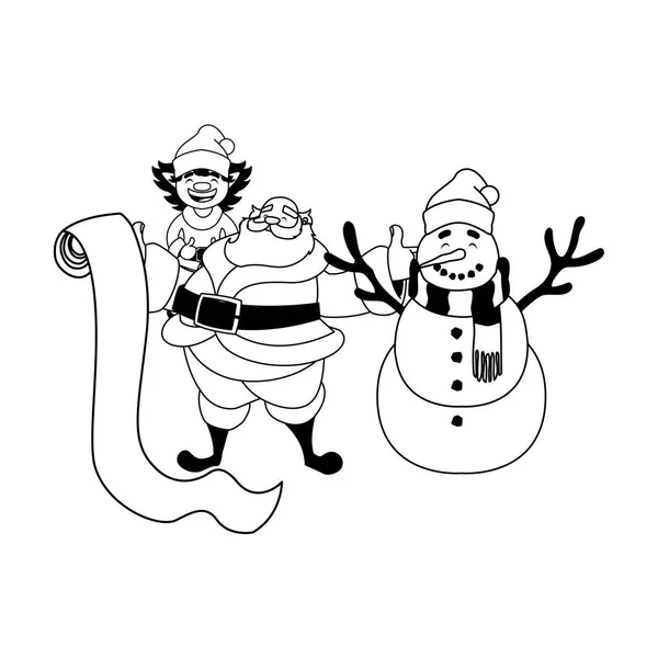 Santa claus elfo e desenho vetorial boneco de neve —  Vetores de Stock