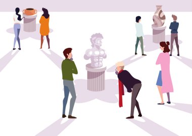 Modern sanat galerisindeki bir grup insan, modern soyut resimlere bakan ziyaretçiler.