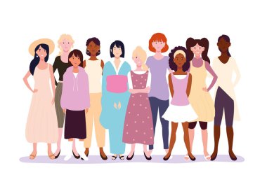 Beyaz arka planda farklı pozlarda duran kadınlar