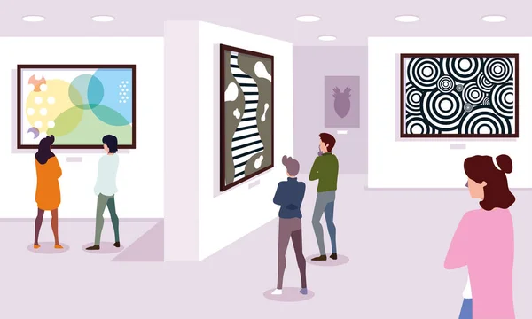 Grupp människor i samtida konstgalleri, utställning besökare tittar på moderna abstrakta målningar — Stock vektor