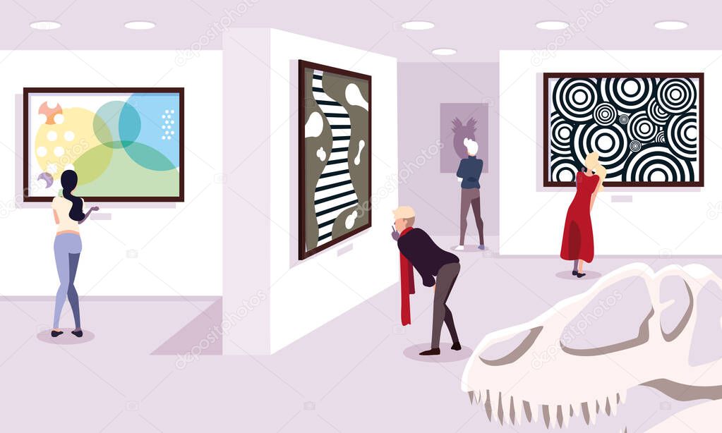 group of people in contemporary art gallery, exhibition visitors viewing modern abstract paintings