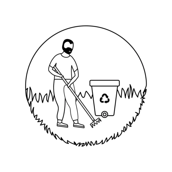 Екологічна сцена і людина в ландшафті зі сміттєвими баками — стоковий вектор
