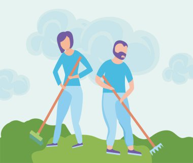 Çevre dostu sahne ve bahçe aletleri olan insanlar