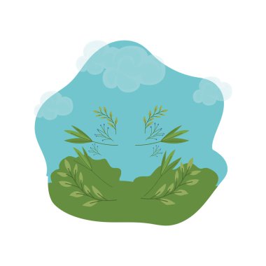 Beyaz arkaplanda çalılar ve yapraklar olan manzara