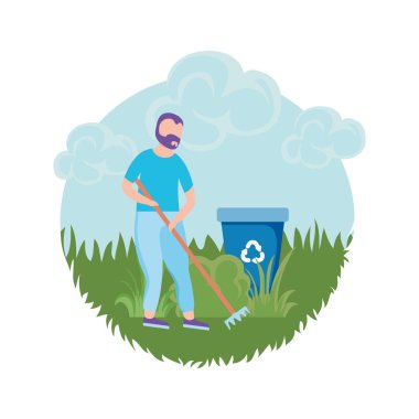 Çevre dostu sahne ve çöp tenekeli bir adam.