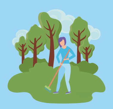 Tırmıklı kadın sahnesi, bahçe aletleri.