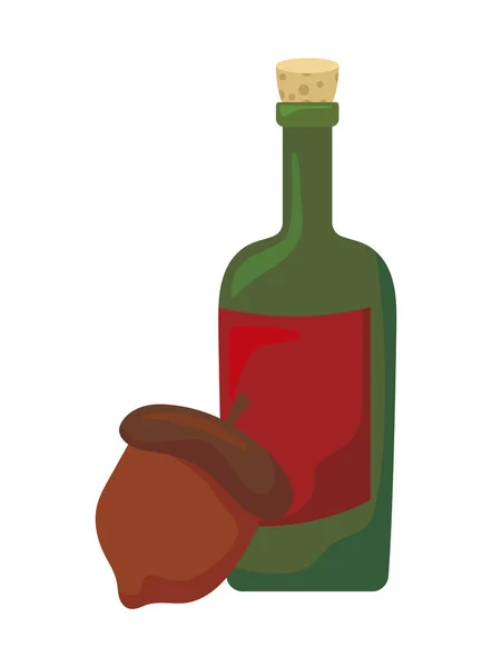 Garrafa de vinho com avelã sobre fundo branco —  Vetores de Stock