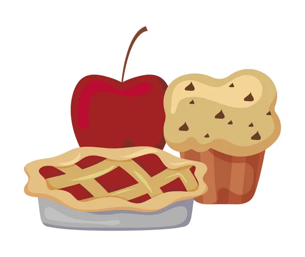 Νόστιμα και φρέσκα κέικ με μήλο σε λευκό φόντο — Διανυσματικό Αρχείο