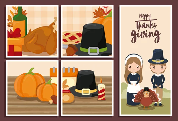 Set of cards with label happy thanksgiving — Stock Vector