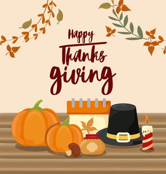 Card with label happy thanksgiving and food — ストックベクタ