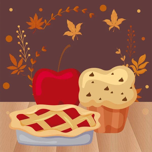 Delicious and fresh cakes with apple with autumn leaves of background — Stock Vector