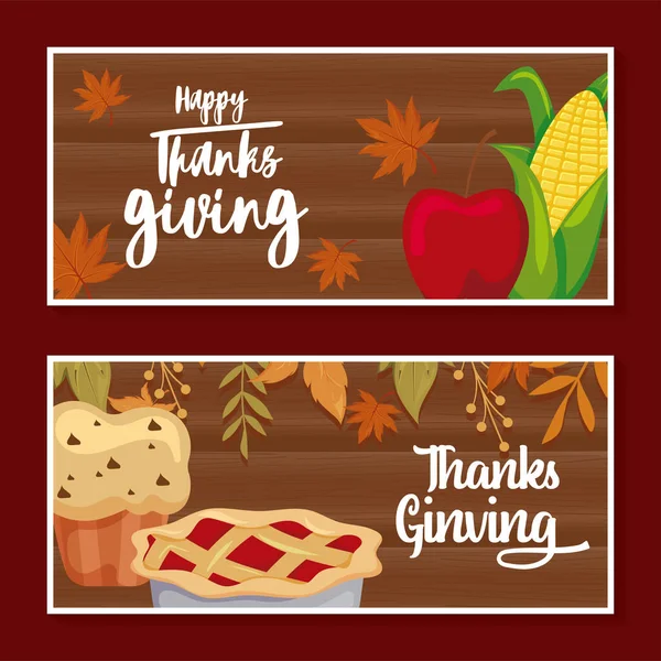 Открытки с этикеткой счастливого Дня благодарения и еды — стоковый вектор