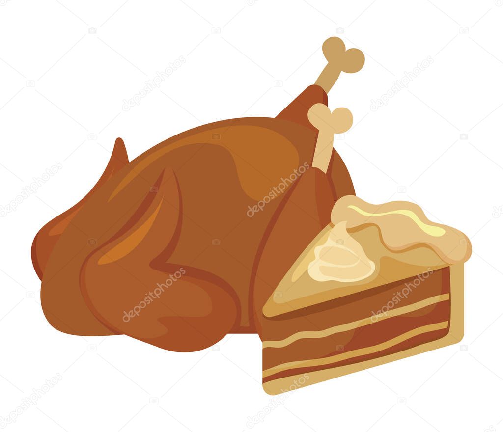 turkey roasted with portion of cake on white background