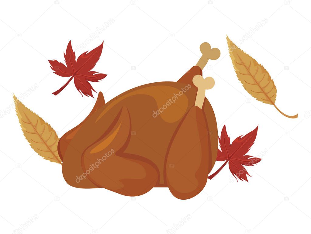 turkey roasted with autumn leaves on white background