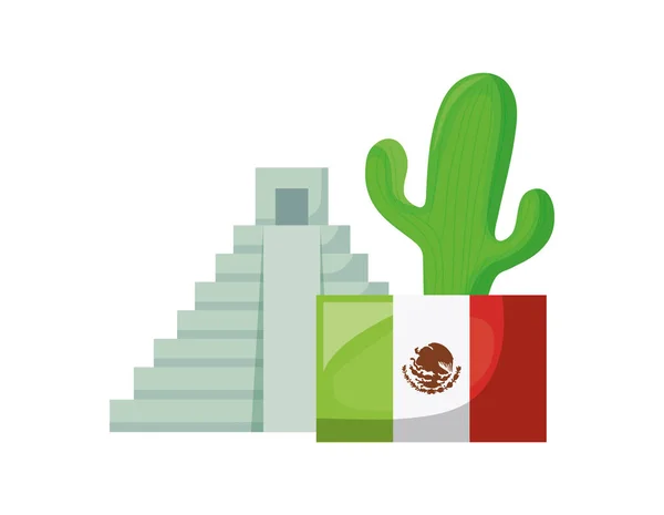 Aztec temple with set of icons on white background — ストックベクタ
