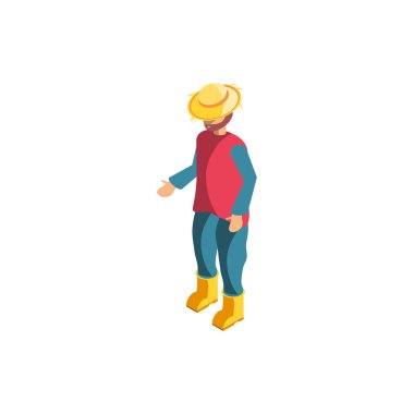 Beyaz arka planda hasır şapkalı bir çiftçi.