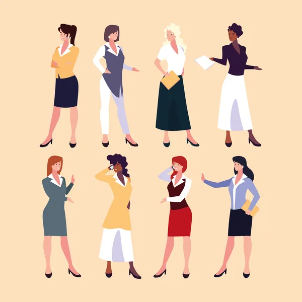 Uppsättning affärskvinnor med olika åsikter, poser och gester — Stock vektor