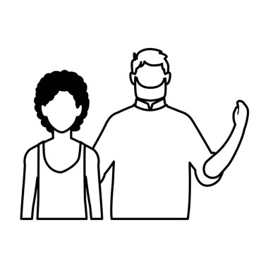 Beyaz arka planda farklı pozları olan yüzü olmayan erkekler.