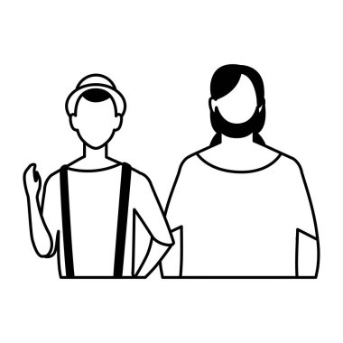 Beyaz arka planda farklı pozları olan yüzü olmayan erkekler.