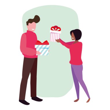 Beyaz arka planda hediye kutuları olan çiftler