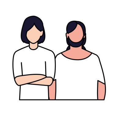 Beyaz arka planda farklı pozları olan yüzü olmayan erkekler.