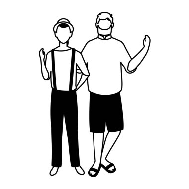 Beyaz arka planda farklı pozlar veren yüzü olmayan erkekler.