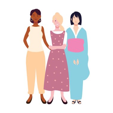 Beyaz arka planda farklı pozlarda duran kadınlar