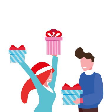 Beyaz arka planda hediye kutuları olan çiftler