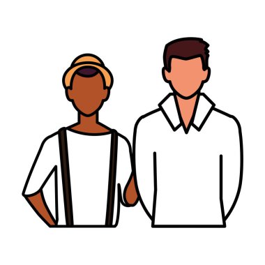 Beyaz arka planda farklı pozları olan yüzü olmayan erkekler.