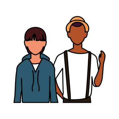 Beyaz arka planda farklı pozları olan yüzü olmayan erkekler.