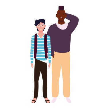 Beyaz arka planda farklı pozlarda duran erkekler