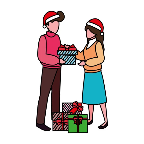 Couples with gift boxes on white background — ストックベクタ