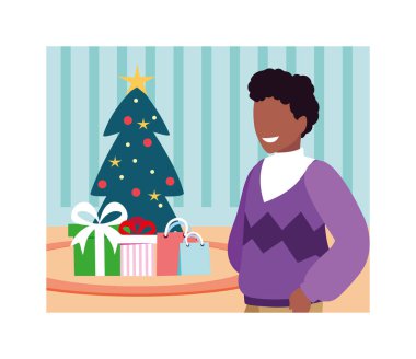 Noel ağacı ve hediyeli bir adam sahnesi