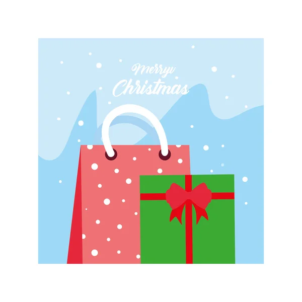 Buon Natale etichetta con scatola regalo sul paesaggio invernale — Vettoriale Stock