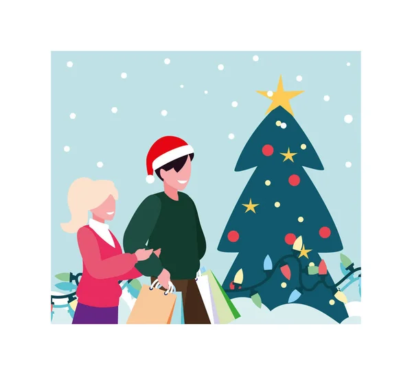 Scena di coppia con albero di Natale e scatole regalo — Vettoriale Stock