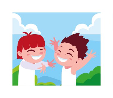 Çocuklar gülüyor ve dışarıda oynuyorlar.