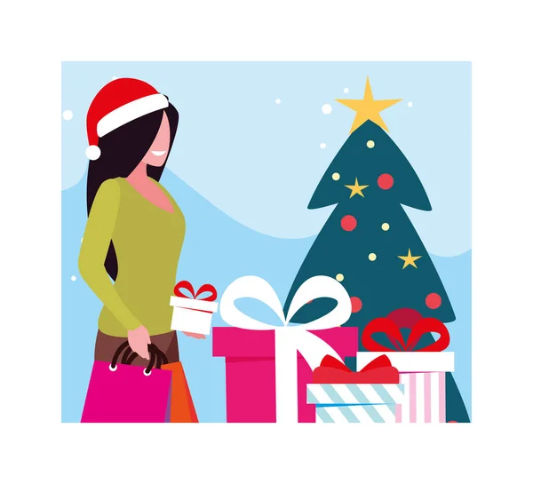 크리스마스 트리와 선물을 들고 있는 여성의 모습 — 스톡 벡터