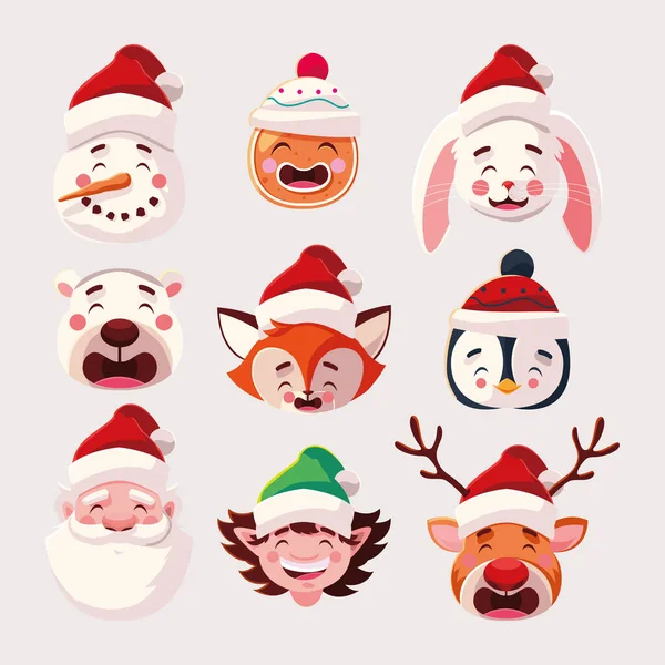 Set von Ikonen Weihnachten mit Kopf Weihnachtsmann claus und Tiere — Stockvektor